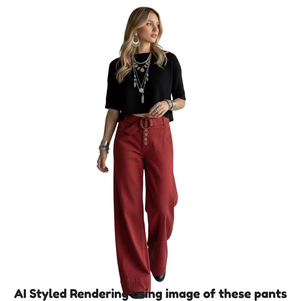 Anthropologie Size 2 High-Rise Wide Leg Belted Retro 70's Boho Pants -Rust *Flaw